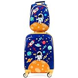 COSTWAY 2tlg Kinderkoffer + Rucksack, Kindertrolley aus Kunststoff, Kindergepäck, Kinder Kofferset Handgepäck Reisegepäck Hartschalenkoffer für Jungen und Mädchen (Astronauten, 12'+18')