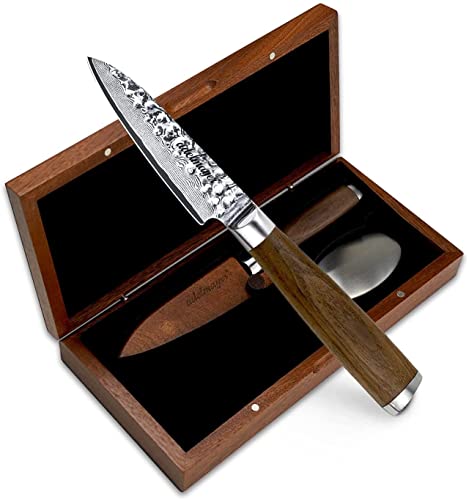adelmayer® Damastmesser - Schälmesser scharf (9,3 cm) aus japanischem Damast-Stahl - kleines Gemüsemesser & Obstmesser mit Holz-Griff & Zubehör