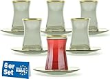 Lyros Teegläser Set - 6er Pack, Dunkles Glas & Untersetzer verziert, Golden verarbeitet, Handverarbeitet