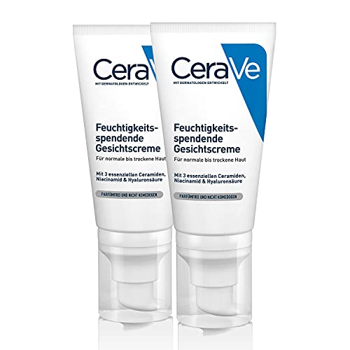 CeraVe Feuchtigkeitsspendende Gesichtscreme für normale bis trockene Haut, Mit Hyaluron, Niacinamid und 3 essenziellen Ceramiden, 2 x 52ml