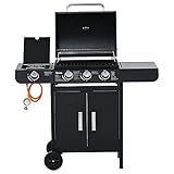 Outsunny Gasgrill BBQ Grillwagen mit 3 Brennern 1 Seitenbrenner Druckminderer Schläuche Schrank Multifunktion Stahl Schwarz 110 x 50 x 100 cm