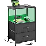 Rolanstar Beistelltisch mit LED-Beleuchtung, Nachttisch mit 2 Schubladen, USB-Anschluss & versteckter Steckdose, Sofatisch für Schlafzimmer und Wohnzimmer, Schwarz