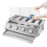 MEHOOSPVN 4 Brenner Tragbarer Gasgrill, Tischgasgrill mit Grillrost, Edelstahl Gastrobräter LPG Gas Grills Höhenverstellbar Abnehmbarer Grill 57x39x17.5cm für Camping Balkon Garten, Silber