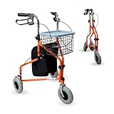 Mobiclinic, Modell Caleta, Rollator, Gehwagen für Senioren und Behinderte, Gehwagen mit 3 Rädern, Faltbare Gehhilfe, Stahl, Verstellbar, Korb, Tragetasche, Bremsen an den Hebeln, Orange