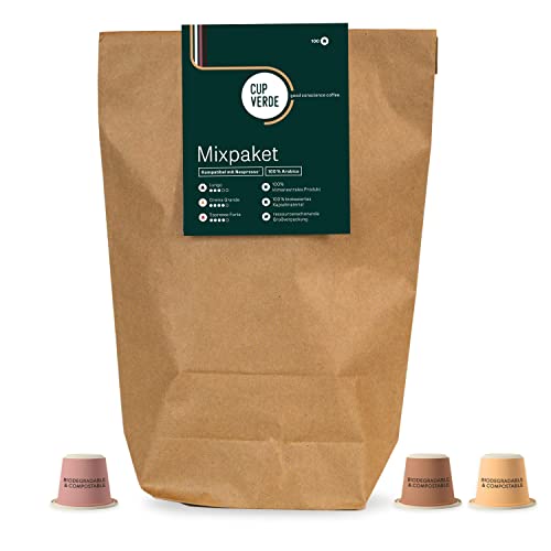 CUP VERDE – Mixpaket 100 nachhaltige Kaffeekapseln Nespresso* kompatibel. Biologisch abbaubar – fair gehandelt - schonend geröstet, kräftiger Geschmack - wenig Verpackung. Crema / Lungo / Espresso