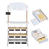 mamabrum Kaufmannsladen-Set aus Holz - Marktstand mit Registrierkasse, Terminal & Kreidetafel - 19-teiliges Lernspielzeug mit Obst & Gemüse für Kinder ab 3 Jahren