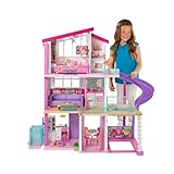 Barbie Puppenhaus, Barbie Traumvilla (ohne Barbie Puppe), komplett möbliert, 3 stöckig, 8 Zimmer inkl. Pool, Rutsche und Aufzug, 70 Accessoires, Spielzeug ab 3 Jahre, GNH53