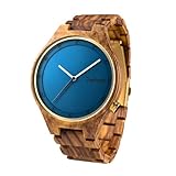 Zeitholz Holzuhr Herren, für Herren, Armbanduhr, Holzuhren Stolpen Kollektion, Analog, 44mm, 100% Naturholz mit Japanischem Quarzwerk (Blau)