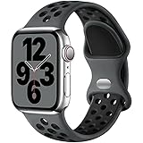 Upeak Sport Armband Kompatibel mit Apple Watch Armband 44mm 45mm 49mm 42mm 40mm 41mm 38mm, Atmungsaktiv Silikon Doppelloch Band, für iWatch Ultra SE Series 9 8 7 6 5 4 3 2, L, Holzkohle/Schwarz