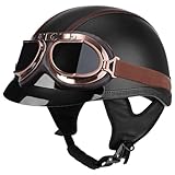 Halbhelme Motorradhelm, Pu-Leder Half Helm Mit Schutzbrille, Halbschalenhelm Mit ECE, Vintage Deutsche Motorrad Halbhelme, FüR Erwachsene MäNner Und Frauen Black,M
