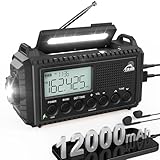 Kurbelradio mit Solar & 12000mAh Powerbank | AM/FM/SW Notfallradio, USB-C Handyladung, SOS-Alarm, Taschenlampe & Leselampe | Radio mit Weltempfänger | Wasserdicht, Tragbar für Camping, Outdoor,Schwarz