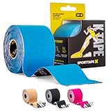 SPORTTAPE Kinesiologie Tape - 5 m Rolle - Blau - Physio Tape und Sport tape bei Verletzungen und Schmerzen - Elastisches und hautfreundliches Muskel-Tape | Wasserfest & hypoallergen Kinesiotape