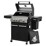 Feuergott Gasgrill Hektor 3B-S Edelstahl Gasgrillstation 3 Brenner, Infrarot Sear-Brenner, Gusseisen-Grillrost, Seitenkocher und Kochplatte Inkl. Abdeckhaube für Garten, Terrasse