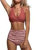 CUPSHE Damen Bikini Set V Ausschnitt Crossover Wickeloptik High Waist Bikini Bademode Blumenmuster Zweiteiliger Badeanzug Swimsuit Ziegelrot/Floral L
