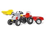 Rolly Toys Steyr 6165 CVT Trettraktor mit Lader und Anhänger (rollyKid, Traktor; Flüsterlaufreifen; Hänger und Schaufellader; rot / gelb) 23936