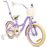 sun baby Mädchenfahrrad 16 Zoll Radgröße Flower Bike zur Auswahl, mit Abnehmbarer Schubstange, Kinderfahrrad für Mädchen von 2 bis 6 Jahre (Lavender, 16 Zoll)