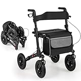 HOMASIS 2 in 1 Rollstuhl Rollator faltbar & leicht mit Sitz, Gehhilfe 7-fach höhenverstellbar, Aluminiu Gehwagen für Senioren, Reiserollator Laufhilfe mit Stockhalter, Tasche, bis zu 140 kg (Schwarz)