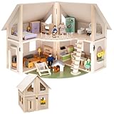 howa Puppenhaus Holz zusammen klappbar, inklusive 30 Möbelteile, 4 Puppen und Hund, mit 4 Zimmern, Balkon, Garten, mit Treppe, Puppenhaus Natur - beige 7016