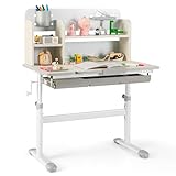 COSTWAY Kinderschreibtisch höhenverstellbar, Schreibtisch Kinder mit neigbarer Tischplatte, Regalen & Schublade, Jugendschreibtisch Schülerschreibtisch für 3-12 Jahre Kinder (Grau)