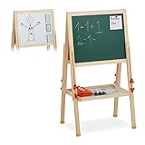 Relaxdays Standtafel Kinder, höhenverstellbar & magnetisch, Holz, Whiteboard & Kreidetafel, 81-104 x 45 x 42 cm, Natur