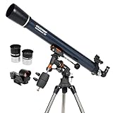 Celestron 21064 AstroMaster 90EQ Refraktor-Teleskop - mit Zwei Okularen, seitenrichtigem Spiegel, höheneinstellbarem Stativ und Luxus-Zubehörschale, Dunkelblau