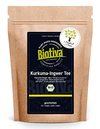 Biotiva Kurkuma & Ingwer Tee Bio 250g - hochwertige Kurkumawurzel (Curcuma longa) und Ingwerwurzel (Zingiber officinale) getrocknet - Abgefüllt und kontrolliert in Deutschland
