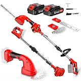 21V Akku Heckenschere,3 in 1 Schnurlose Grasschere und Trimmer,Heckenschere Akku mit Teleskopstange 2x2.0mAh Wiederaufladbaren,Länge des sägers 200mm/155mm Klingen und Adapter für Garten Ras