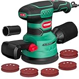 HYCHIKA 450W Exzenterschleifer 125mm, 6 Geschwindigkeiten 6000-12000OPM, effizientes Staubauffangsystem, mit 20PCS 8-Loch Schleifpapier, ideal zum Schleifen von Metall, Holz etc