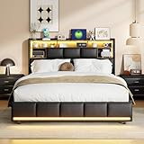 KOOPMAD Bett mit Bettkasten 140 x 200 cm, gepolstertes Doppelbett 140 x 200 cm, hydraulisches Bett mit LED-Beleuchtung, Doppelbett mit Kopfteil mit Aufbewahrung und USB-Ladefunktion, PU, Schwarz, ohne