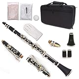 WUQIMUSC Bb Klarinette für Schüler Ebonit Holz B Flach 17 Schlüssel Nickel Plated Anfänger Klarinette set 2 Fässer mit Reinigungstuch Handschuhe Schwarz Orchester Musikinstrument