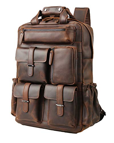 TIDING Rucksack Herren Leder Rucksack 15,6 Zoll Laptop Tasche Schulbuchtasche mit Trolly Strap, große Kapazität Daypacks für Männer Umhängetasche braun