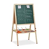 Relaxdays Standtafel Kinder, höhenverstellbar & magnetisch, Holz, Whiteboard & Kreidetafel, 122-160 x 65 x 69 cm, Natur