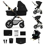 Kinderkraft MOOV2 AIR Kinderwagen 4 in 1 Kinderwagenset bis 26 kg mit Kindersitz I-SIZE 40-75 cm, Buggy Funktion, Liegeposition verstellbar, Große ausziehbare Verdeck, Aufblasbare Räder, Schwarz