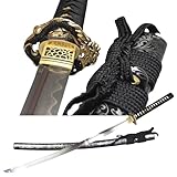 Katana Schwert Scharf Echt Lehmgehärteter Damaststahl Samurai Schwert 103CM Alle Messingbeschläge Gold-Silber und Blattgold