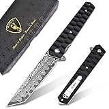 AUBEY Damast Taschenmesser Klappmesser mit Clip, Damaststahl Klinge Tanto Messer mit Flipper, Liner Lock, Aluminium Griff, Glasbrecher, Geschenkbox - Einhandmesser für EDC Jagd Camping Sammeln