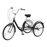 SAUADY Trike Bike mit Korb & Licht Adult Tricycle Schwarz 24“ 6 Geschwindigkeit 3 Rad Fahrrad für Menschen mit Einer Körpergröße von 5,25-5,91ft Schwarz