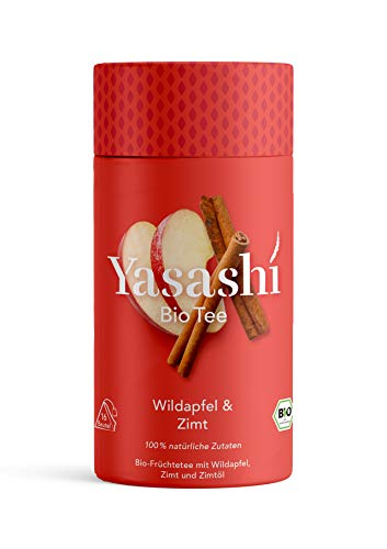 Yasashi Bio Tee | Bio Früchtetee Wildapfel. Zimt und Zimtöl | Süß und würzig | 100% natürliche Zutaten | 100% Bio Qualität | 100% recyclefähige Verpackung | 16 Pyramidenbeutel x 2,5g