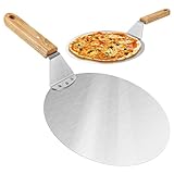 Pizzaschaufel aus rostfreiem Edelstahl Pizza- und Kuchenheber mit Holzgriff Runder Pizzaschieber für Pizza, 25,5x25,5 cm/10 Zoll,Flammkuchen und Brot