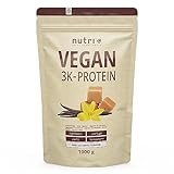 Nutri + Protein Vegan Vanilla Toffee 1 kg - 80% Eiweiß - 3k Proteinpulver Vanille Karamell - laktosefreies + glutenfreies Pulver - Eiweißpulver Low Sugar - 1000 g Eiweißshake