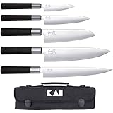KAI Wasabi Black Messertasche bestückt - Allzweckmesser 10 cm, Allzweckmesser 15 cm, Santoku 16,5 cm, Kochmesser 20 cm, Schinkenmesser 23 cm - rostfreier 6A/1K6 Edelstahl poliert 58 (±1) HRC