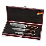 Wakoli EDIB 3er Damastmesser Set I Damast Messer mit 8-17cm Klingen gefertigt aus 67 Lagen echtem Damaststahl mit Pakkaholzgriff I Premium Damast Küchenmesser Set in hölzerner Geschenkbox