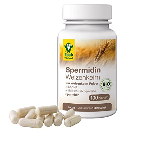 Raab Vitalfood Bio Spermidin-Kapseln aus Weizenkeim-Pulver (100 Kapseln) I Spermidin-Gehalt: 1mg pro Tag I Vegan & laktosefrei I Made in Germany