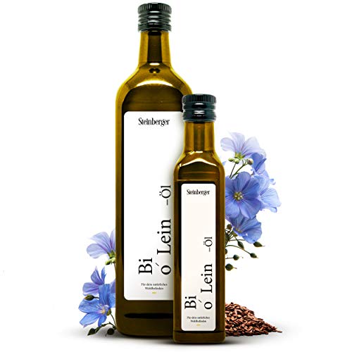 Bio Leinöl kalt gepresst 100% rein 250 ml | Leinsamenöl aus nachhaltigem Anbau reich an ungesättigte Omega-3-Fettsäuren ideal als Salat-Topping | Schöne Glasflasche mit Dosierer