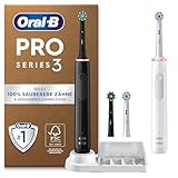 Oral-B Pro Series 3 Plus Edition Doppelpack Elektrische Zahnbürste, 4 Aufsteckbürsten, mit visueller 360° Andruckkontrolle für Zahnpflege, Designed by Braun, Black/White