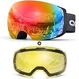 Odoland Skibrille Unisex für Damen und Herren Jungen Rahmenlose Snowboardbrille mit Magnetische Wechselglas UV-Schutz Anti-Nebel Schneebrille Helmkompatible Ski Goggles zum Skifahren Schwarz Rot