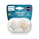 AVENT ultra air Schnuller - 2er Pack, BPA-freier, atmungsaktiver Schnuller für Babys von 0-6 Monaten, inklusive Transport- und Sterilisationsbox, grün/braun (Modell SCF085/15)