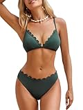 CUPSHE Damen Bikini Set V Ausschnitt Wellenkante Triangel Bikini Lace Up Mid Waist Bademode Zweiteiliger Badeanzug Swimsuit Moosgrün M