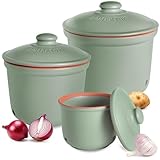 Römertopf Frische-Topf 3er Set - Knoblauch, Zwiebel und Kartoffel Aufbewahrungsbox Keramik - Atmungsaktiver Ton hält Gemüse länger frisch - Grün