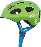 ABUS Kinderhelm Youn-I MIPS - Fahrradhelm mit Licht, Reflektoren und Aufprallschutz (MIPS) - für Mädchen und Jungen - Grün (funkelnd), Größe M