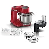 Bosch Küchenmaschine MUM Serie 2 MUMS2ER01, Edelstahl-Schüssel 3,8 L, Planetenrührwerk, Knethaken, Schlag-, Rührbesen Edelstahl, Durchlaufschnitzler, 3 Scheiben, 700 W, rot